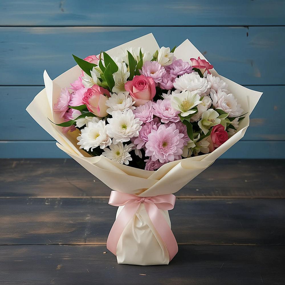 Букет цветов из: Хризантемы, Альстромерии и Розы в Алейске Алтайский край